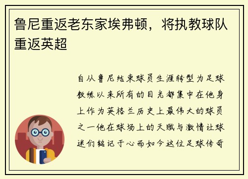 鲁尼重返老东家埃弗顿，将执教球队重返英超