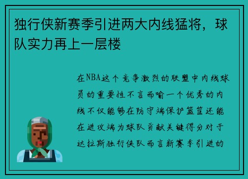 独行侠新赛季引进两大内线猛将，球队实力再上一层楼