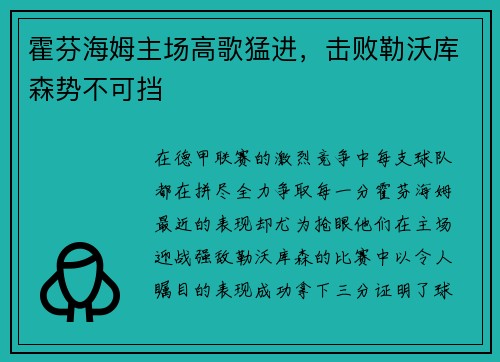 霍芬海姆主场高歌猛进，击败勒沃库森势不可挡